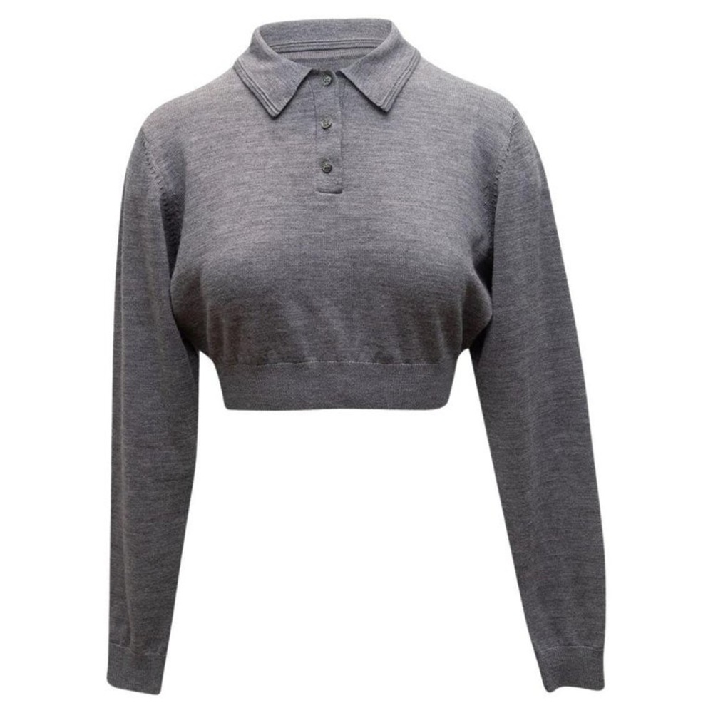 Sandy Liang Charcoal Button-Up Crop Top long sleeve gray merino wool polo small
